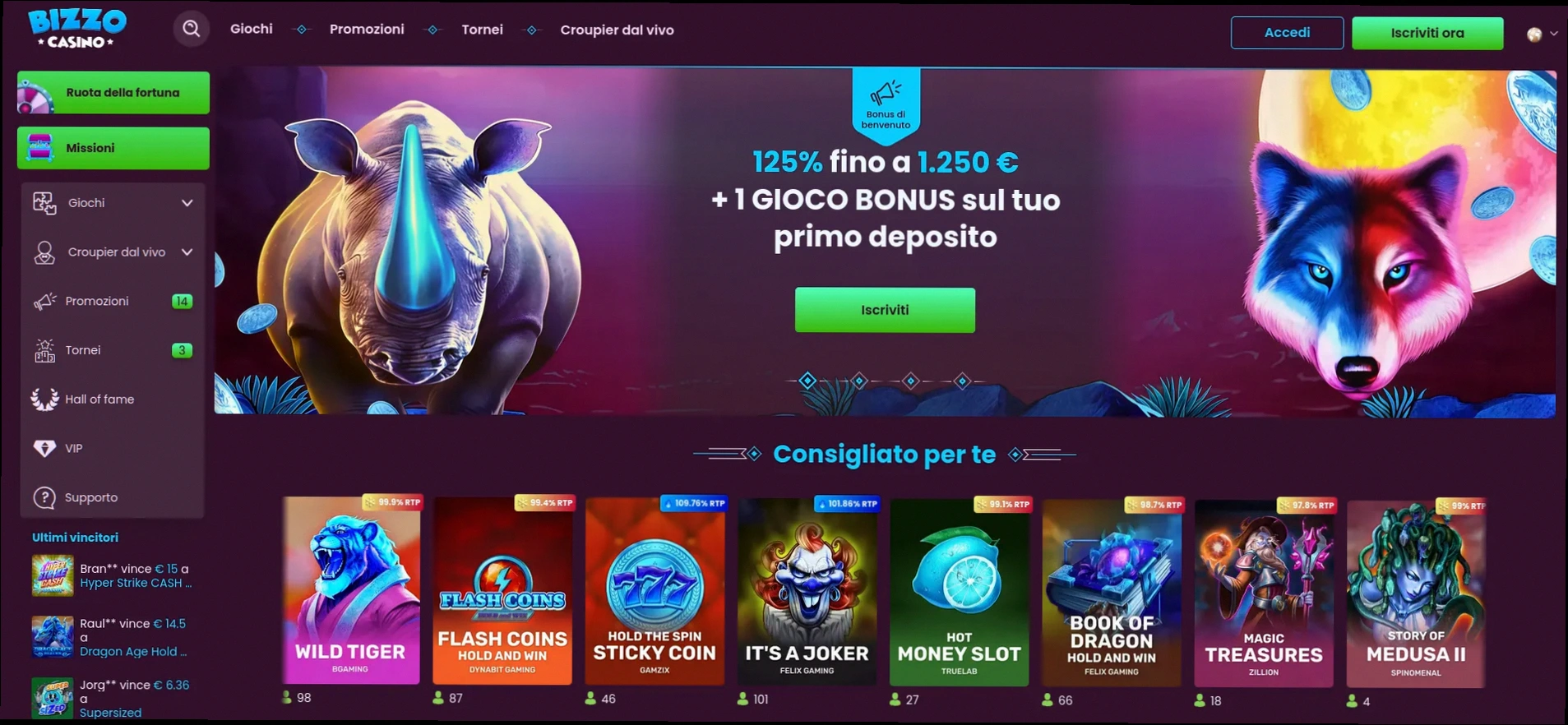 Bizzo Casino 100% fino a 250€ più 100 Giri Gratuiti